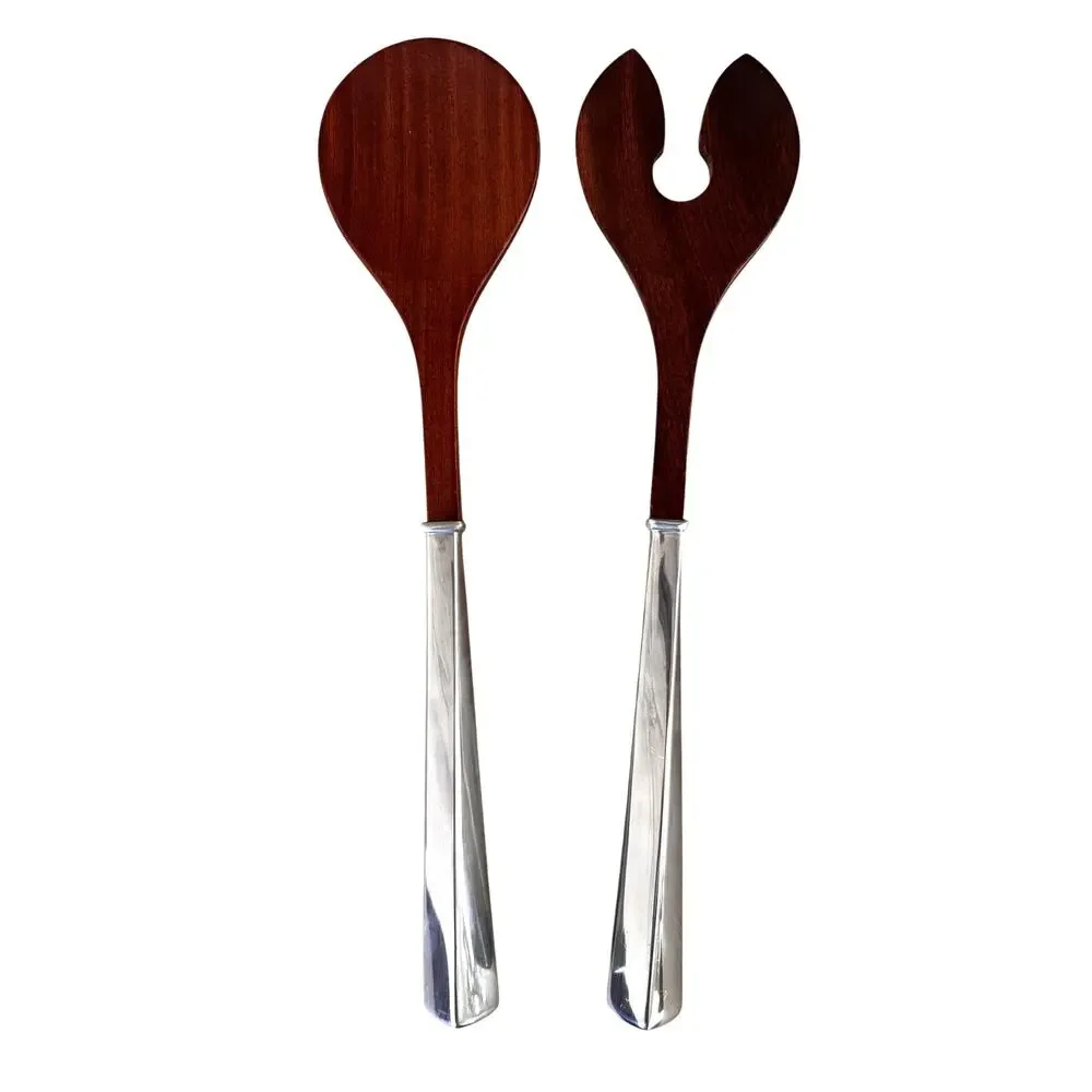 VINTAGE Lenox Salad Serving Utensils Spoon & Fork Set Tongs Wooden Silver Handle